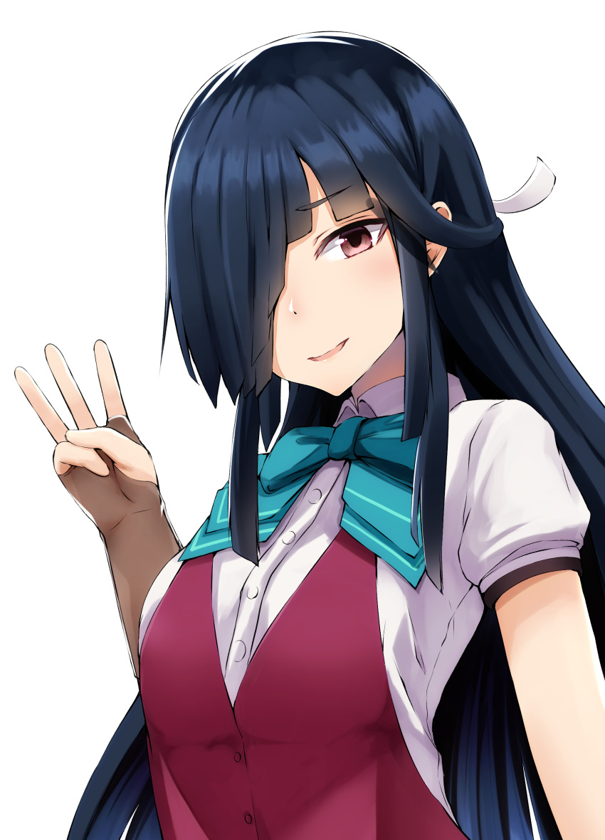 absurdres black_hair blue_neckwear blush bondo_(borndragon) bow bowtie breasts brown_gloves commentary_request elbow_gloves eyebrows_visible_through_hair fingerless_gloves gloves hair_over_one_eye hayashimo_(kantai_collection) highres kantai_collection long_hair looking_at_viewer medium_breasts open_mouth red_eyes school_uniform shirt short_sleeves simple_background smile solo vest white_background white_shirt