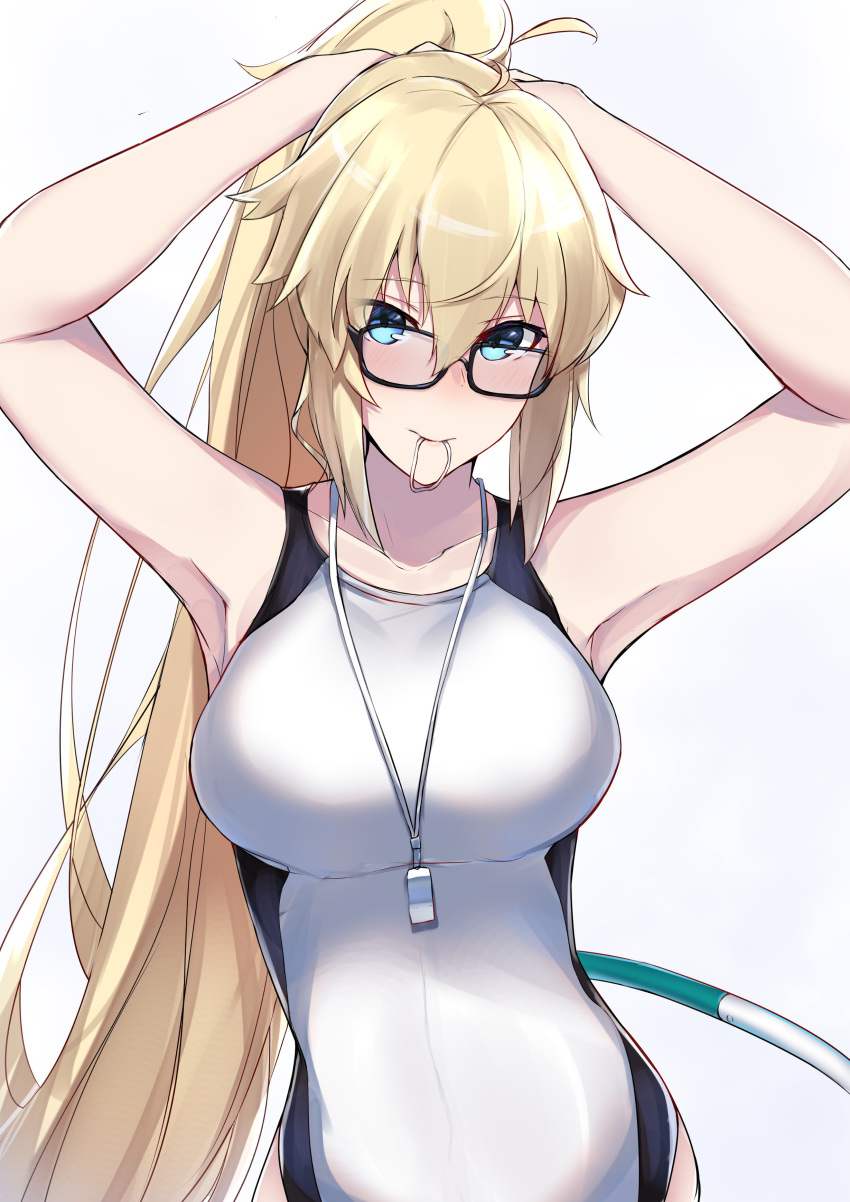 absurdres arms_up bangs black-framed_eyewear blonde_hair blue_eyes blush breasts closed_mouth collarbone commentary_request competition_swimsuit fate/grand_order fate_(series) hair_between_eyes highres hoop hula_hoop jeanne_d'arc_(fate)_(all) jeanne_d'arc_(swimsuit_archer) large_breasts long_hair looking_at_viewer nanakaku one-piece_swimsuit open_clothes ponytail simple_background smile solo swimsuit tying_hair very_long_hair whistle white_background white_swimsuit