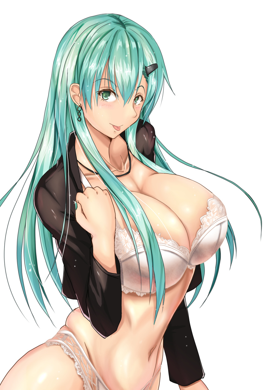 :q aqua_hair aqua_nails bangs black_jacket blush bra breasts cleavage collarbone commentary_request cowboy_shot cropped_jacket earrings eyebrows_visible_through_hair green_eyes groin hair_ornament hairclip hand_up highres jacket jewelry kantai_collection large_breasts light_particles lingerie long_hair looking_at_viewer luna_(gunfire) nail_polish navel necklace shiny shiny_skin sidelocks simple_background smile solo sparkle stomach suzuya_(kantai_collection) tongue tongue_out underwear white_background white_bra