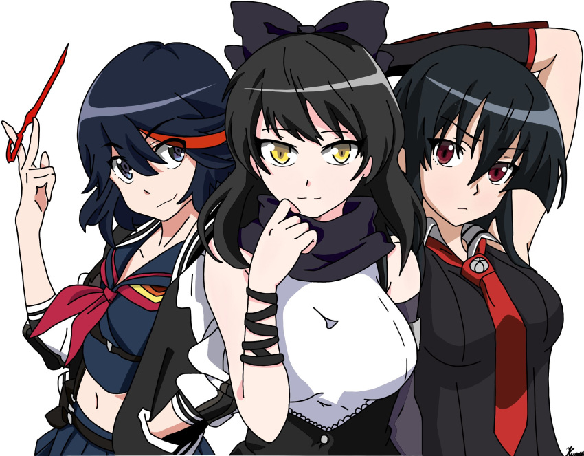 3girls akame_ga_kill! arm_guards black_bow black_hair black_legwear bow breasts breasts_apart crossover fingerless_gloves floating_hair from_above garter_straps gloves grey_background hair_bow kill_la_kill kneehighs long_hair looking_at_viewer midriff multicolored_hair multiple_girls navel necktie parted_lips pigeon-toed pleated_skirt red_eyes reverse_grip rwby school_uniform scissor_blade serafuku shoes short_hair shorts simple_background skirt sleeveless sleeves_pushed_up socks solo stomach streaked_hair thighhighs uniform yellow_eyes