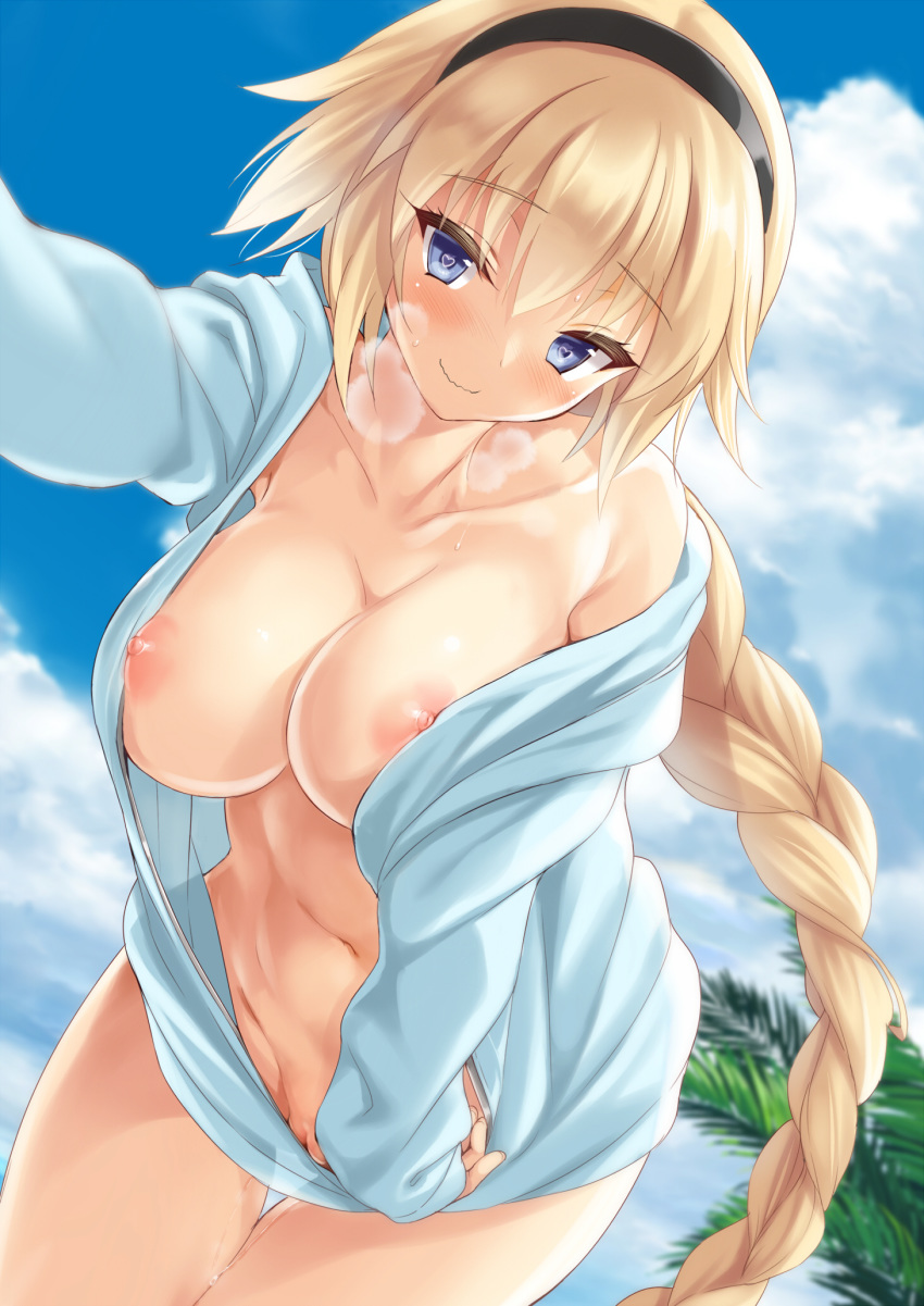 bangs bare_shoulders blonde_hair blue_eyes blue_jacket blue_sky blush braid breasts cleavage collarbone day eyebrows_visible_through_hair eyelashes fantia_reward fate/grand_order fate_(series) hairband heart heart-shaped_pupils highres hips hood hoodie jacket jeanne_d'arc_(fate)_(all) jeanne_d'arc_(swimsuit_archer) kure_masahiro large_breasts leaning_forward long_braid long_hair looking_at_viewer navel nipples off_shoulder paid_reward palm_tree pussy pussy_juice reaching_out self_shot sky solo symbol-shaped_pupils thighs tree very_long_hair