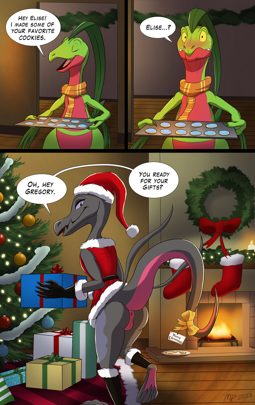 bow butt christmas claws clothing cookie decorations duo elise eyelashes female fingers fire five food game_(disambiguation) gift gregory grovyle holidays inside invalid_background invalid_tag lights living male mightyraptor nintendo nude pok&eacute;mon pok&eacute;mon_(species) presenting pussy salandit salazzle smile toes tree video_games