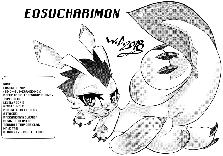 amphibian animal_genitalia anus blush claws cub digimon dinosaur drooling eosucharimon_(character) fan_character feathers fin genital_slit hi_res long_ears male markings penis reptile saliva scalie slit spikes white_crest young