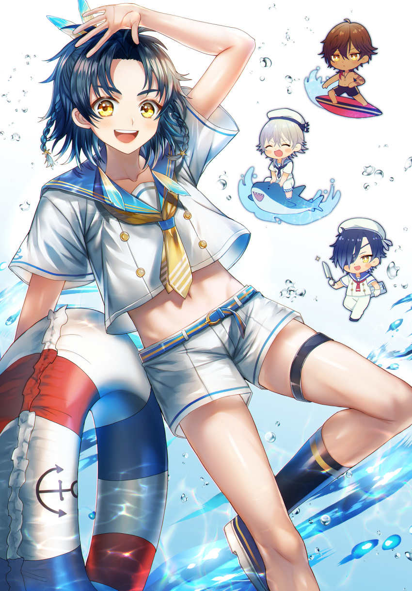 :d ^_^ abandon_ranka arm_tattoo black_hair blue_hair braid brown_hair chibi closed_eyes dark_skin dark_skinned_male double-breasted eyepatch feathers hair_feathers hat highres innertube knife male_focus male_swimwear midriff multiple_boys navel ookurikara open_mouth riding sailor sailor_hat shark shokudaikiri_mitsutada shorts smile surfboard surfing swim_trunks swimwear taikogane_sadamune tattoo touken_ranbu tsurumaru_kuninaga water white_hair yellow_eyes