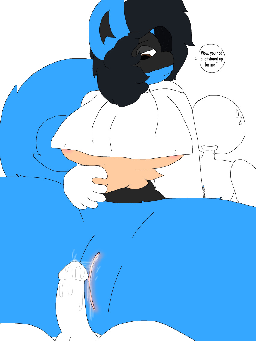 2018 anonymous anthro areola balls big_breasts blue_fur bottomless breasts brown_eyes butt canine clitoris clothed clothing cropped_hoodie cum cum_inside curled_tail dialogue digital_drawing_(artwork) digital_media_(artwork) drooling duo english_text erection eyebrows female fluffy fluffy_tail front_view fur genitals grope hair half_clothed hi_res hoodie huge_breasts human interspecies lucario male male/female mammal nintendo nipples nude open_mouth penis pok&eacute;mon pok&eacute;mon_(species) pussy pussy_juice saliva sex short_hair simple_background sitting smile speech_bubble sweat text thick_thighs toony traashmann video_games voluptuous wet wide_hips