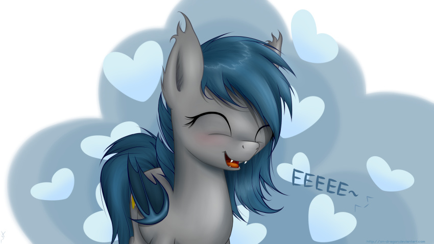 &lt;3 2013 bat_pony bat_wings blue_hair blush cute cutie_mark dialogue equine eyelashes eyes_closed fan_character fangs female feral hair happy hi_res mammal membranous_wings my_little_pony nude open_mouth open_smile portrait simple_background smile solo speck text tongue wings xn-dragon