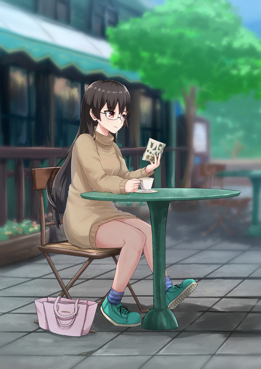 alternate_costume black_hair building choukai_(kantai_collection) coffee_cup commentary_request cup disposable_cup dress faitaa glasses highres kantai_collection long_hair reading red_eyes saucer semi-rimless_eyewear shoes sitting sneakers solo sweater sweater_dress table tiles tree under-rim_eyewear