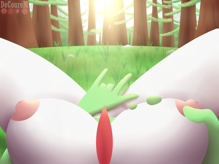 breasts decourem detailed_background female first_person_view forest gardevoir hi_res humanoid invalid_tag light masturbation nintendo outside pok&eacute;mon pok&eacute;mon_(species) solo tree video_games