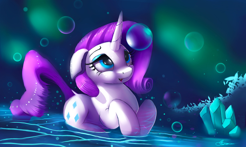 2018 absurd_res auroriia blue_eyes blurred_background bubble cavern crystal cute cutie_mark equine eyebrows eyelashes eyeshadow female feral floppy_ears friendship_is_magic hair hi_res hooves horn makeup mammal mascara my_little_pony nude open_mouth open_smile pond portrait purple_hair rarity_(mlp) signature smile solo tongue unicorn water wet