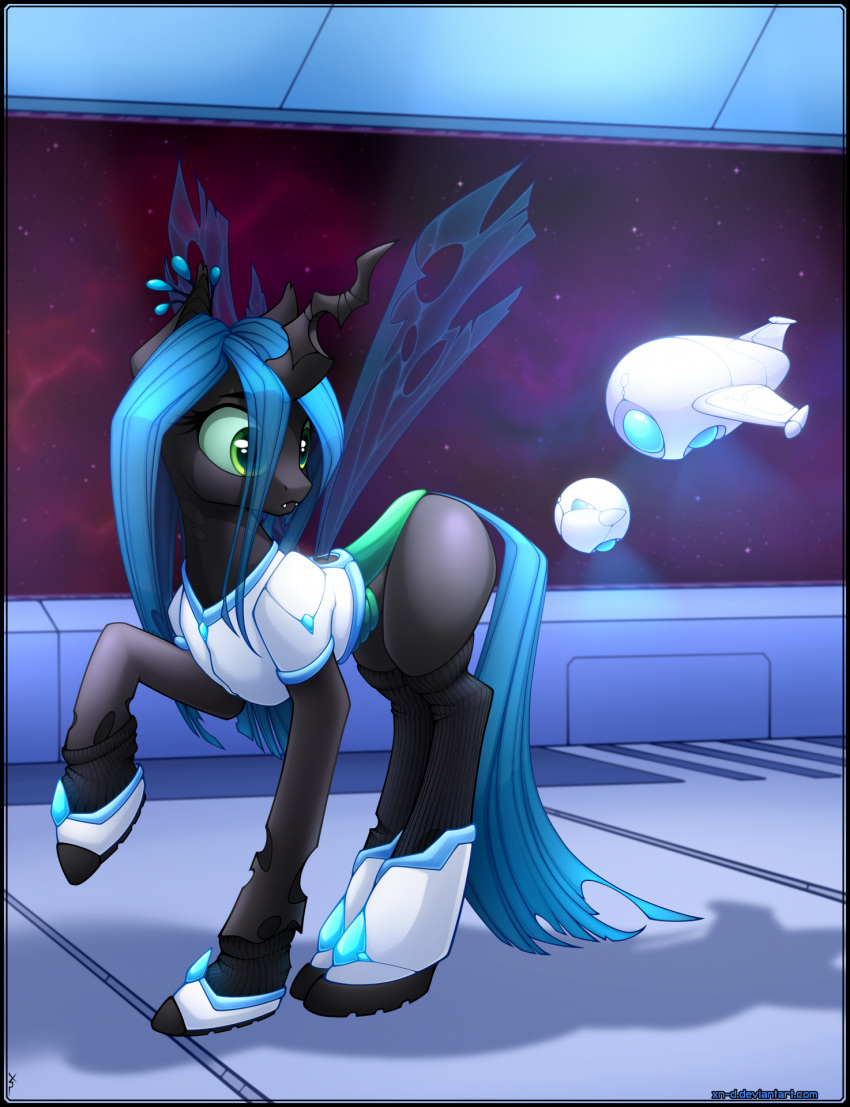 2018 blue_hair boots bottomless changeling clothed clothing crown cute cute_fangs drone equine eyebrows eyelashes fangs female feral flying footwear friendship_is_magic glass green_eyes green_sclera hair hi_res hole_(anatomy) hooves horn insect_wings inside legwear long_hair looking_back machine mammal my_little_pony queen_chrysalis_(mlp) raised_leg robot science_fiction shadow shirt slit_pupils socks solo space standing star thigh_highs window wings xn-dragon