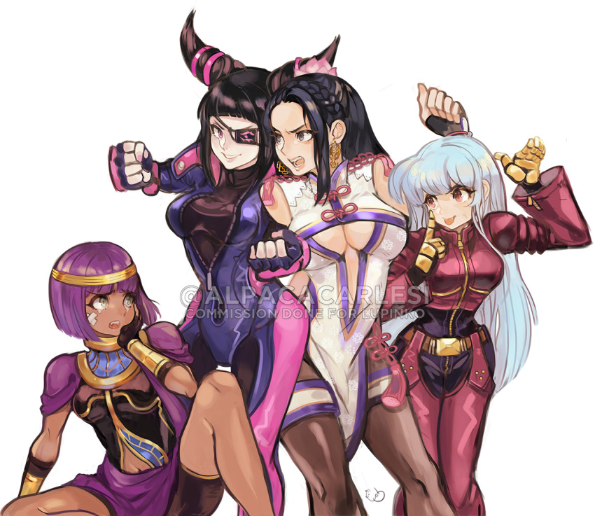 alpaca_carlesi bandaid bandaid_on_face biker_clothes bikesuit black_hair blue_hair breasts china_dress chinese_clothes cleavage_cutout commentary commission crossover derivative_work dress drill_hair earrings english_commentary eyepatch fingerless_gloves gloves han_juri hand_on_own_cheek jewelry kula_diamond long_hair luong menat multiple_girls navel_cutout pantyhose parody purple_hair shawl short_hair simple_background street_fighter street_fighter_v style_parody tearing_up the_king_of_fighters the_king_of_fighters_xiv tongue tongue_out twin_drills underboob watermark zipper