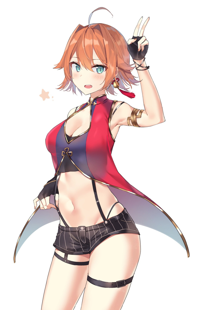 ahoge aqua_eyes armlet armpits bad_id bad_twitter_id bangs black_gloves black_shorts blush bracelet breasts buckle cleavage cleavage_cutout cowboy_shot crop_top eyebrows_visible_through_hair fingerless_gloves flipped_hair from_side gloves groin hair_between_eyes hair_intakes halterneck hand_up highres jewelry looking_at_viewer medium_breasts midriff navel open_mouth orange_hair parted_bangs sabet_(young_ouo) shiny shiny_hair shishi_(shishi_channel) shishi_channel short_hair short_shorts shorts sideways_glance simple_background sleeveless smile solo standing star stomach striped suspender_shorts suspenders tassel thigh_strap turtleneck v vertical-striped_shorts vertical_stripes virtual_youtuber white_background