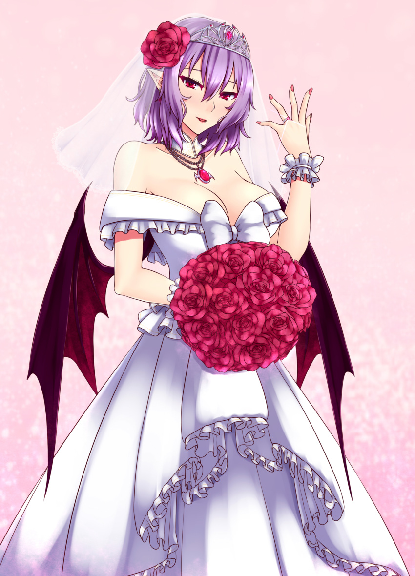 absurdres bare_shoulders bat_wings bouquet breasts bridal_veil brooch cleavage collarbone commentary detached_collar dress earrings fangs flower hair_flower hair_ornament hand_up highres jewelry large_breasts nail_polish necklace off-shoulder_dress off_shoulder older pink_nails pointy_ears purple_hair red_eyes red_flower red_rose remilia_scarlet ring rose scrunchie short_hair slit_pupils solo sparkle tiara touhou veil wedding_dress wedding_ring white_dress wings wrist_scrunchie zeramu