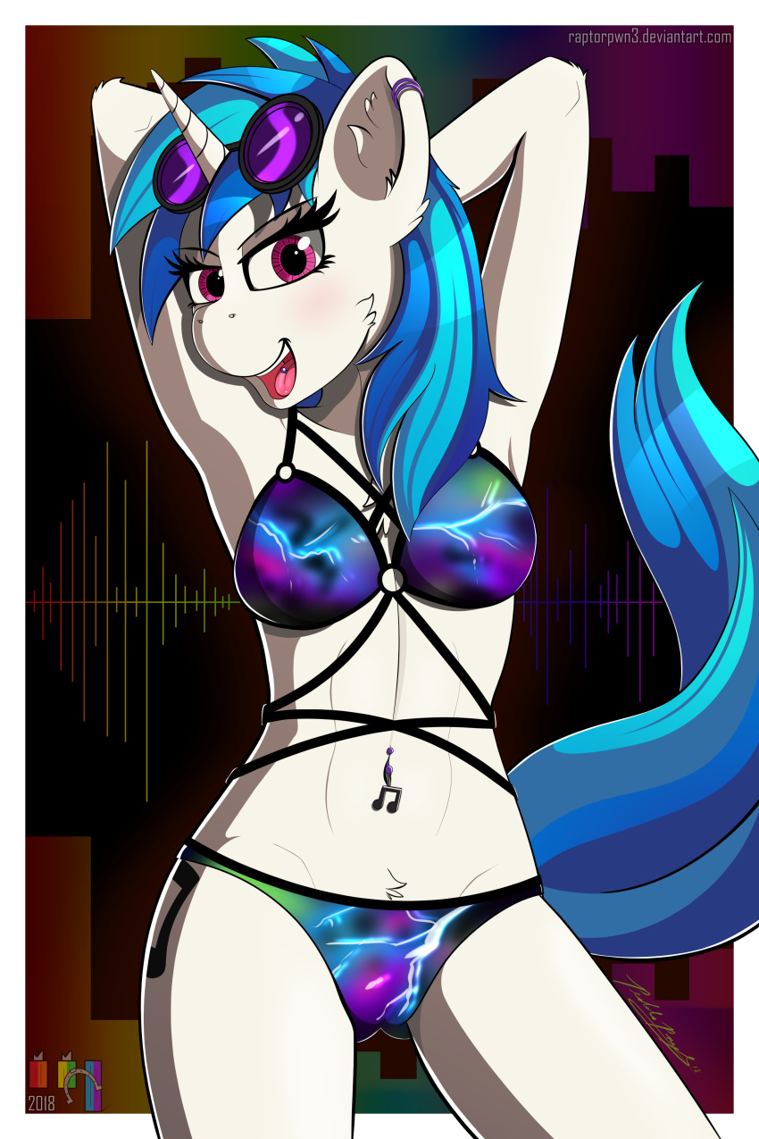 2018 abs absurd_res anthro bikini blue_hair blush breasts chest_tuft clothed clothing cutie_mark ear_piercing equine eyebrows eyelashes eyewear female friendship_is_magic fur hair hands_behind_head hi_res horn inner_ear_fluff looking_at_viewer mammal multicolored_hair musical_note my_little_pony navel navel_piercing open_mouth open_smile pedalspony_(artist) piercing portrait pose purple_eyes signature smile solo standing sunglasses swimsuit teeth text three-quarter_portrait tongue tongue_piercing tuft two_tone_hair unicorn url vinyl_scratch_(mlp) watermark