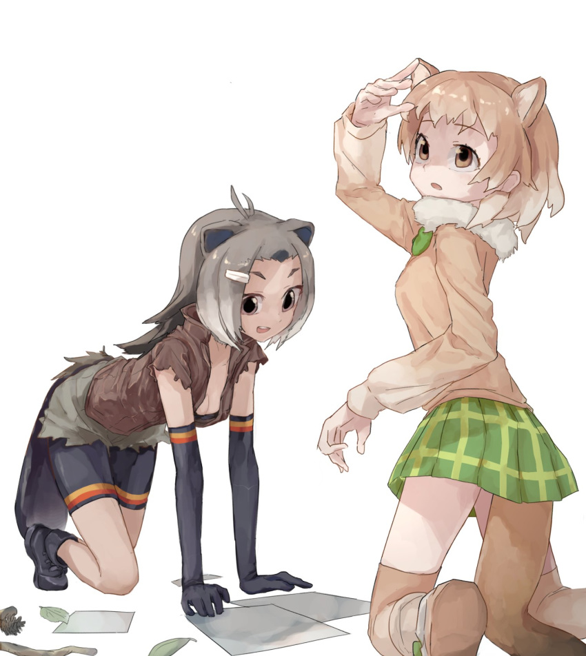 all_fours american_beaver_(kemono_friends) animal_ears bare_shoulders beaver_ears beaver_tail bike_shorts bike_shorts_under_shorts black-tailed_prairie_dog_(kemono_friends) boots bow bowtie bra brown_hair commentary elbow_gloves extra_ears eyebrows_visible_through_hair forehead fur_collar gloves grey_hair hair_ornament hairclip highres kemono_friends kneeling light_brown_hair long_sleeves multicolored_hair multiple_girls paper plaid plaid_skirt pleated_skirt prairie_dog_ears prairie_dog_tail short_hair shorts skirt sleeveless sweater tail thighhighs tito_(men-hukurou) underwear vest