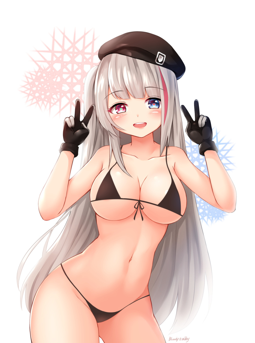 artist_name bangs bare_shoulders beret bikini black_bikini black_gloves black_hat bloody0rabby blue_eyes blush breasts collarbone contrapposto cowboy_shot double_v eyebrows_visible_through_hair front-tie_bikini front-tie_top girls_frontline gloves grey_hair hat heart heart-shaped_pupils heterochromia highres large_breasts long_hair looking_at_viewer mdr_(girls_frontline) micro_bikini multicolored_hair navel open_mouth pink_eyes pink_hair side_ponytail smile solo standing streaked_hair swimsuit symbol-shaped_pupils v very_long_hair