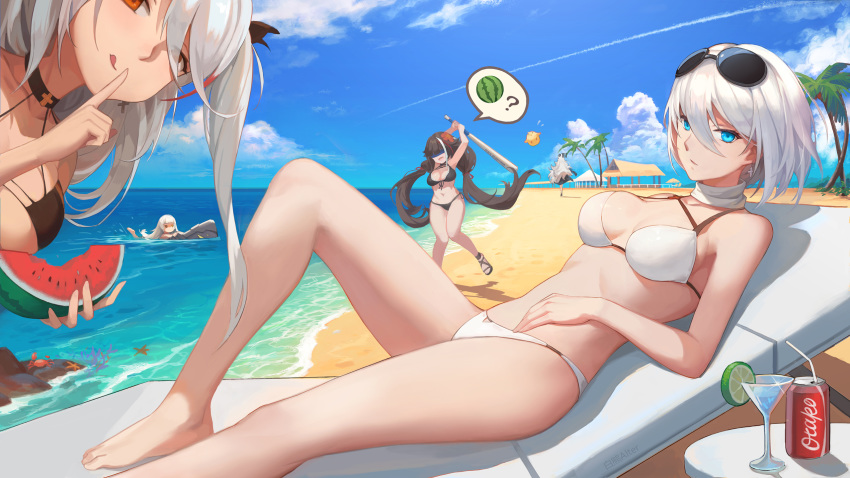 alternate_costume azur_lane bangs bare_shoulders barefoot baseball_bat beach bikini black_hair blindfold blue_eyes blue_sky blush breasts can chair chinese_commentary choker cleavage closed_mouth cocktail_glass collarbone commentary cross cross_earrings cup day deutschland_(azur_lane) drinking_glass drinking_straw earrings eyebrows_visible_through_hair finger_to_mouth flag_print food fruit german_flag_bikini graf_zeppelin_(azur_lane) groin hair_between_eyes hand_on_own_stomach highres holding holding_baseball_bat holding_food jewelry large_breasts leaning_forward linzhong_de_xiongbaobao long_hair looking_at_viewer lounge_chair low_twintails lying multicolored_hair multiple_girls navel ocean outdoors palm_tree prinz_eugen_(azur_lane) red_hair revision sand sandals scarf short_hair shushing silver_hair sky soda_can spoken_food stomach streaked_hair suikawari swimsuit table thighs tirpitz tirpitz_(azur_lane) tree twintails two_side_up very_long_hair wading watermelon waves white_bikini yellow_eyes z46_(azur_lane)