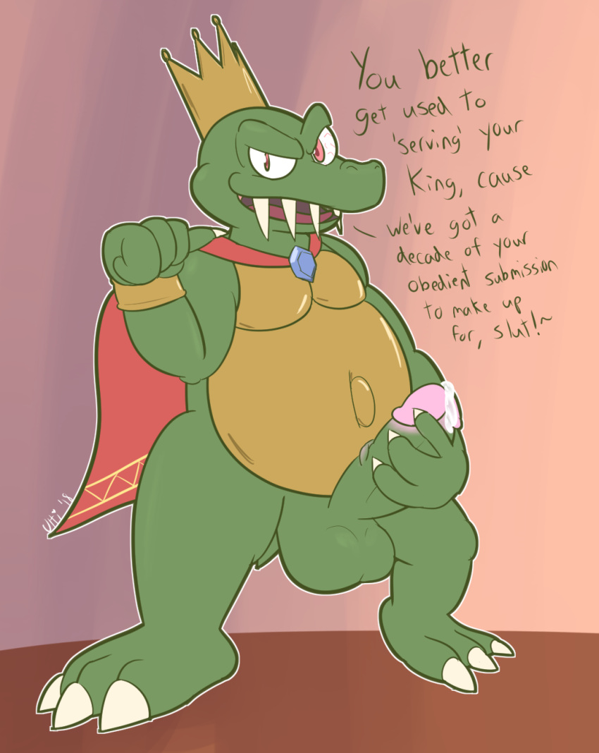 2018 anthro balls cape clothing crocodilian crown dialogue digital_media_(artwork) donkey_kong_(series) english_text erection humanoid_penis king_k_rool kremling looking_at_viewer male nintendo open_mouth overweight penis precum reptile scalie simple_background smile solo standing teeth text ultilix video_games