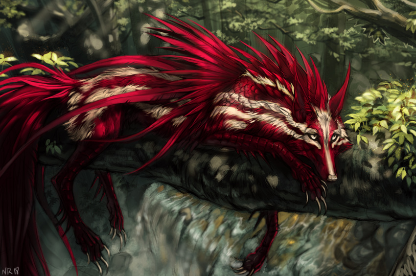 2018 canine claws day digital_media_(artwork) feathers feral forest fur hybrid mammal outside red_feathers red_fur solo tatchit tree white_eyes white_fur