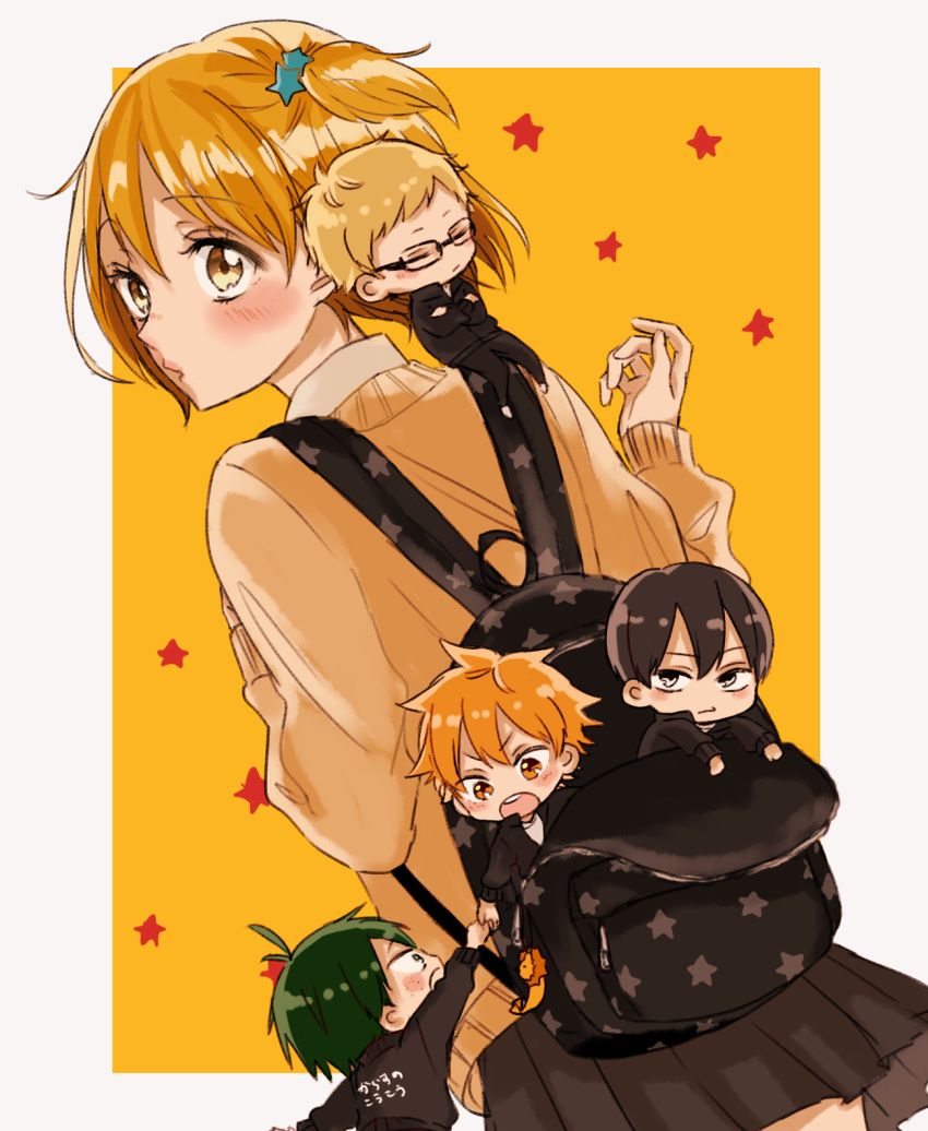 4boys backpack bag bag_charm black-framed_eyewear black_backpack black_hair black_jacket black_skirt blonde_hair blush brown_eyes charm_(object) chibi crossed_arms eye_contact freckles green_hair haikyuu!! hand_up highres hinata_shouyou jacket kageyama_tobio kuwagatatoami looking_at_another multiple_boys orange_hair skirt spiked_hair star star_print sweater tsukishima_kei yachi_hitoka yellow_background zipper