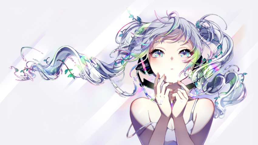 alternate_costume bare_shoulders behind-the-head_headphones blue_hair blush camisole closed_mouth commentary_request glint hair_ornament hands_up hatsune_miku headphones leaf_hair_ornament liquid_hair long_hair looking_away looking_up messy_hair multicolored multicolored_eyes nou own_hands_together partial_commentary solo strap_slip twintails vocaloid