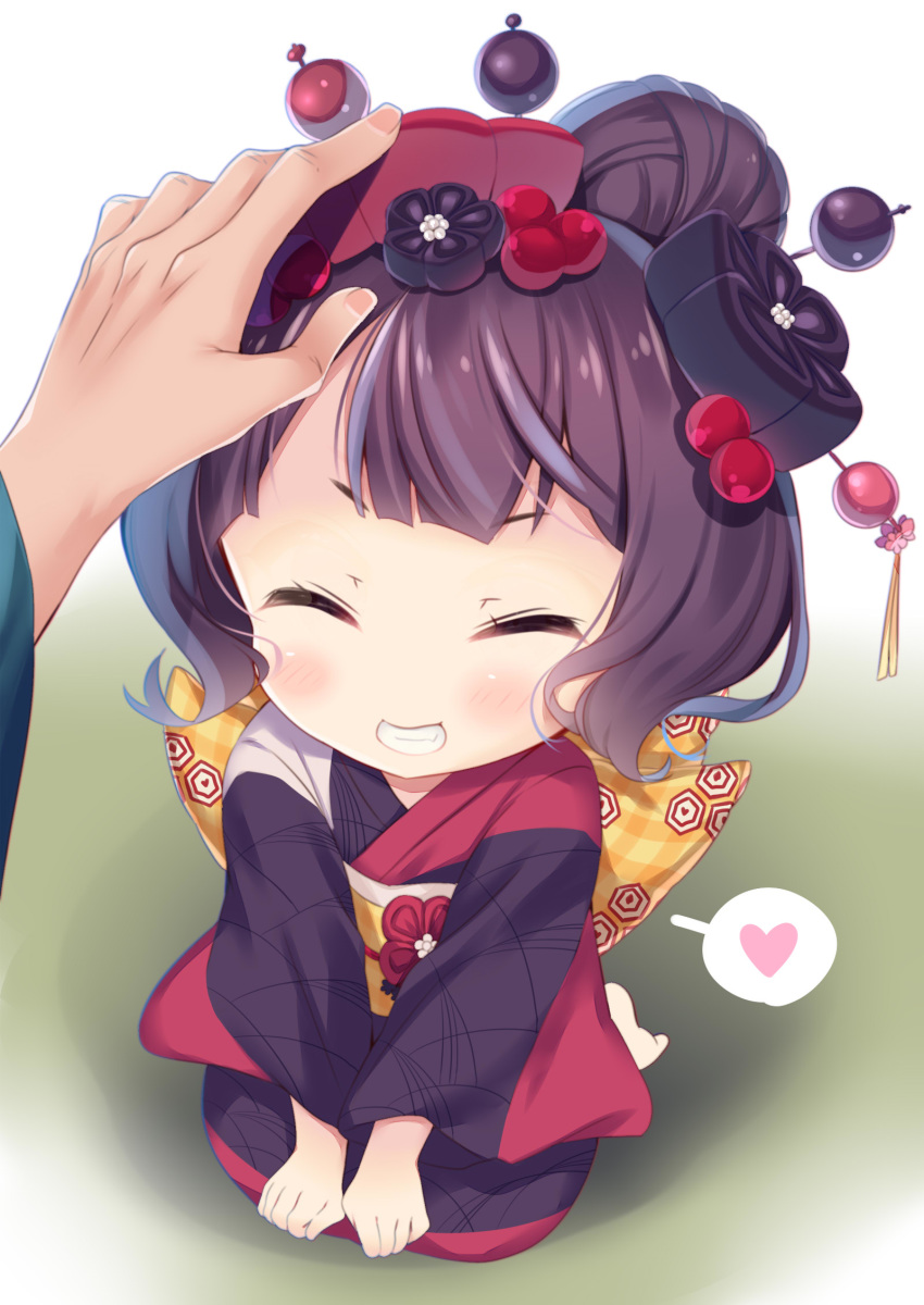 bangs barefoot blush bow closed_eyes commentary_request eyebrows_visible_through_hair facing_viewer fate/grand_order fate_(series) grin heart highres japanese_clothes katsushika_hokusai_(fate/grand_order) kimono ko_yu long_sleeves obi out_of_frame petting plaid plaid_bow pov pov_hands purple_hair purple_kimono sash seiza sitting smile solo_focus spoken_heart v-shaped_eyebrows wide_sleeves yellow_bow younger