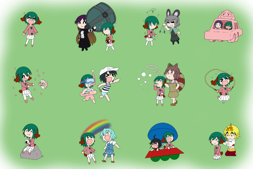 &gt;_&lt; &gt;o&lt; :d :o :t =3 =_= absurdres anchor_symbol animal_ears asymmetrical_wings black_hair blonde_hair blush_stickers bubble_blowing car chibi eating fairy_wings flower flying_sweatdrops futatsuiwa_mamizou geta goggles gradient_hair green_background green_hair ground_vehicle hair_brush hair_brushing hair_flower hair_ornament hat highres hijiri_byakuren houjuu_nue hypnosis innertube jump_rope kasodani_kyouko kumoi_ichirin leaf leaf_on_head lily_white mind_control minigirl motor_vehicle mouse_ears multicolored_hair multiple_views mundane_utility murasa_minamitsu nazrin no_mouth no_nose open_mouth petals pipe purple_hair rainbow rakugaki-biyori seiza shrine_bell simple_background sitting skirt smile smoke_ring snorkel squiggle swimsuit tail tatara_kogasa toramaru_shou touhou ufo unzan v-shaped_eyebrows wings xd