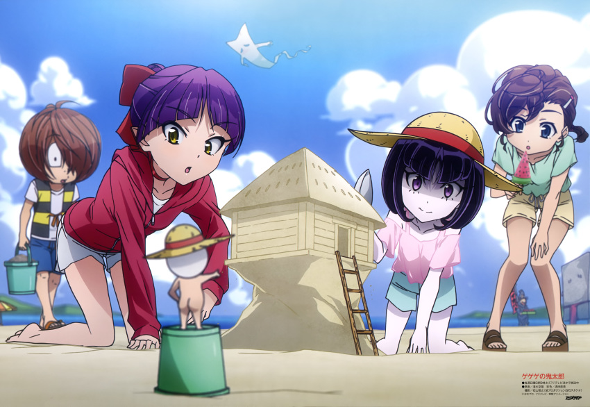 5boys absurdres adapted_costume all_fours animedia barefoot beach bent_over black_hair blue_shorts blue_sky blurry_foreground book bow brown_hair choker cloud day food full_body gegege_no_kitarou hair_bow hair_ornament hair_over_one_eye hairclip hanako-san_(gegege_no_kitarou) hand_on_own_knee hat highres holding holding_food inuyama_mana ittan-momen jacket kitarou magazine_scan magical_girl medama_oyaji multiple_boys multiple_girls nekomusume nekomusume_(gegege_no_kitarou_6) nezumi_otoko nude nurikabe_(character) official_art older open_book outdoors outstretched_arm pale_skin pink_shirt pointy_ears popsicle purple_eyes red_bow red_jacket scan shimizu_sorato shirt short_hair short_shorts short_sleeves shorts shoulder_cutout sky smile standing straw_hat sun_hat watermelon_bar white_shirt white_shorts yellow_eyes yellow_hat yellow_shorts