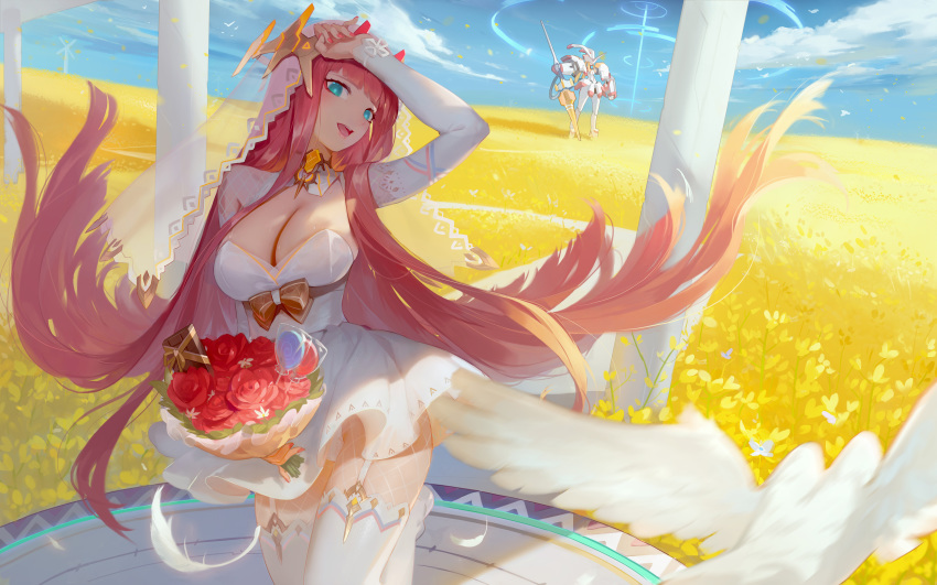 :d absurdres arm_up arm_warmers bird blue_eyes blue_sky bouquet breasts candy cleavage commentary_request cubies_(tiger_205) darling_in_the_franxx day dress field fishnet_pantyhose fishnets flower food garter_straps highres holding holding_bouquet large_breasts lollipop long_hair looking_at_viewer mecha nail_polish oni_horns open_mouth outdoors panties pantyhose pantyshot pink_nails sky smile solo standing strelizia thighhighs underwear upskirt very_long_hair wedding_dress white_dress white_legwear white_panties windmill zero_two_(darling_in_the_franxx)