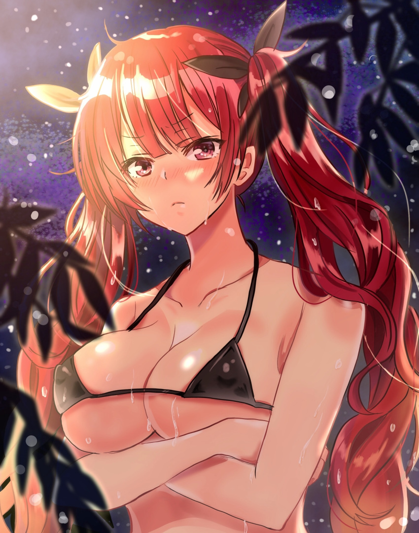 alternate_costume azur_lane bangs bare_shoulders bikini black_ribbon blush breasts cleavage closed_mouth collarbone commentary_request covered_nipples crossed_arms eyebrows_visible_through_hair gb2ywjba2kp1o69 hair_ribbon hat highres honolulu_(azur_lane) large_breasts long_hair looking_at_viewer micro_bikini night red_eyes red_hair ribbon sidelocks solo swimsuit twintails upper_body wet
