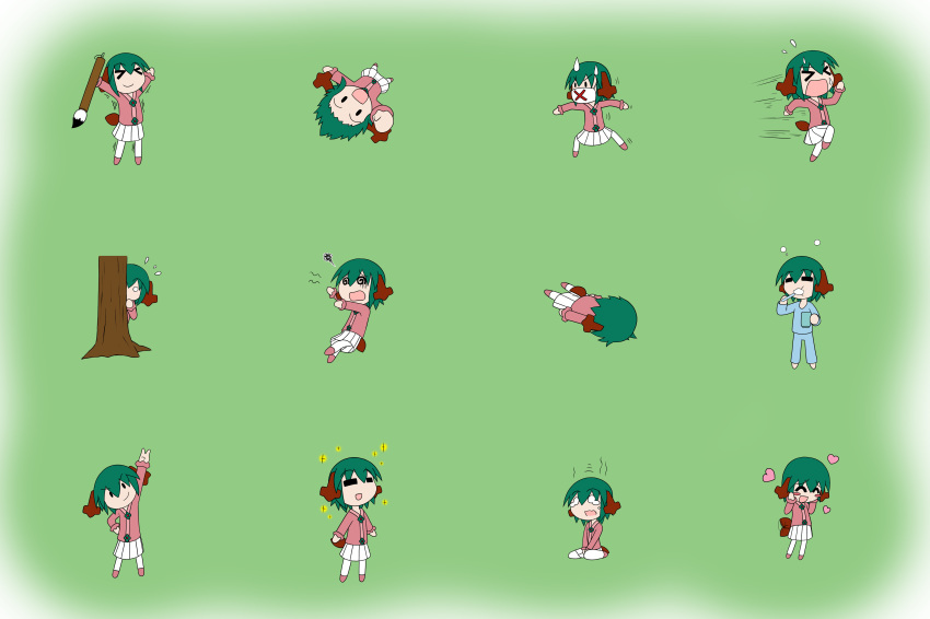 &gt;:) &gt;_&lt; :d =_= @_@ ^_^ absurdres animal_ears arm_up arms_up blush_stickers brushing_teeth calligraphy_brush chibi closed_eyes commentary_request flying_sweatdrops from_above green_background green_hair hand_on_own_cheek heart hiding highres kasodani_kyouko lying motion_lines multiple_views o_o on_stomach open_mouth paintbrush pajamas rakugaki-biyori running seiza simple_background sitting skirt smile sparkle squiggle surgical_mask tail_wagging tears toothbrush touhou tree v wavy_mouth