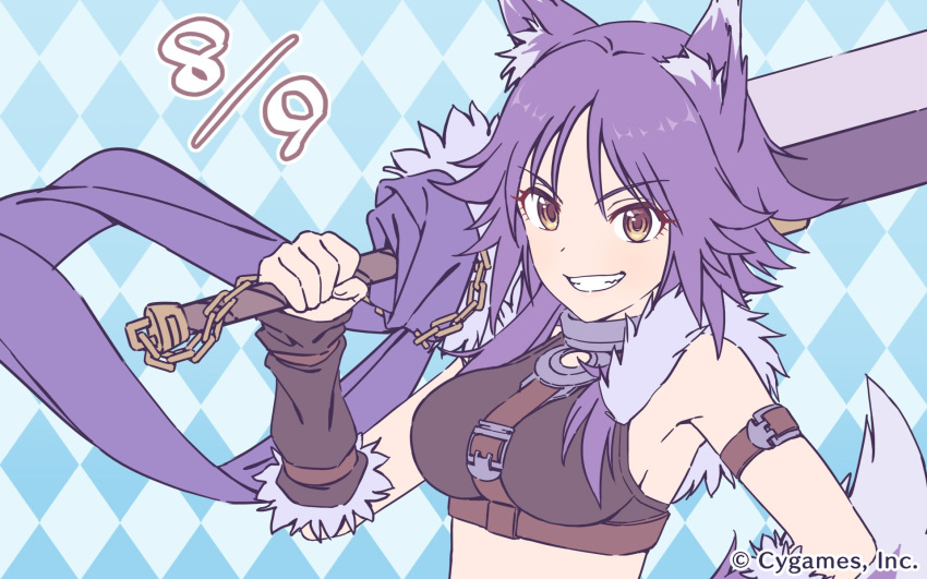 aki_makoto animal_ears argyle argyle_background arm_strap arm_warmers blue_background breasts brown_eyes buckle chain company_name crop_top cygames eyebrows_visible_through_hair fur_trim grin hand_up highres holding holding_sword holding_weapon medium_breasts official_art over_shoulder princess_connect! princess_connect!_re:dive purple_hair short_hair_with_long_locks sidelocks sleeveless smile solo sword sword_over_shoulder upper_body v-shaped_eyebrows weapon weapon_over_shoulder wolf_ears wolf_girl