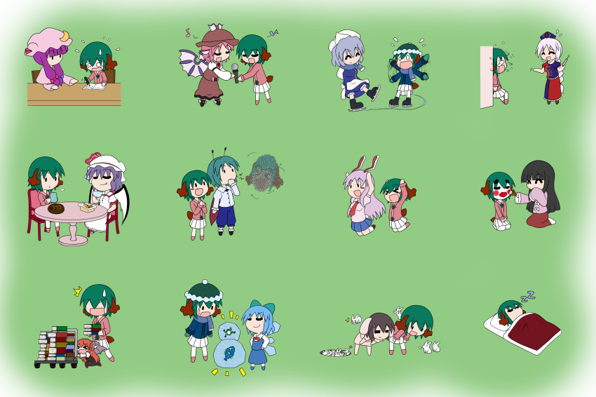 &gt;:) &gt;_&lt; :3 :d :o :x absurdres animal_ears antennae asymmetrical_clothes bangs bat_wings bird_wings blue_hair blunt_bangs blush_stickers book book_stack brown_hair bug bunny bunny_ears cape cart chair chibi cirno coat confused cookie crescent crescent_moon_pin cup falling fang fish flying_sweatdrops food frog frozen futon geisha green_background green_hair hair_ribbon hat head_wings heavy highres holding holding_book houraisan_kaguya ice ice_skates ice_wings inaba_tewi insect juliet_sleeves jumping kasodani_kyouko koakuma lavender_hair leaning_forward letty_whiterock long_hair long_sleeves makeup math microphone minigirl mob_cap multiple_views musical_note mystia_lorelei necktie no_eyes no_mouth no_nose o_o open_book open_mouth patchouli_knowledge pencil pointing ponytail puffy_sleeves pushing rakugaki-biyori red_hair reisen_udongein_inaba remilia_scarlet ribbon scared scarf short_hair sidelocks simple_background sitting skates skirt skirt_set sleeping smile syringe tail teacup tears touhou trembling tress_ribbon v-shaped_eyebrows waving_arms winged_hat wings wriggle_nightbug writing xd yagokoro_eirin