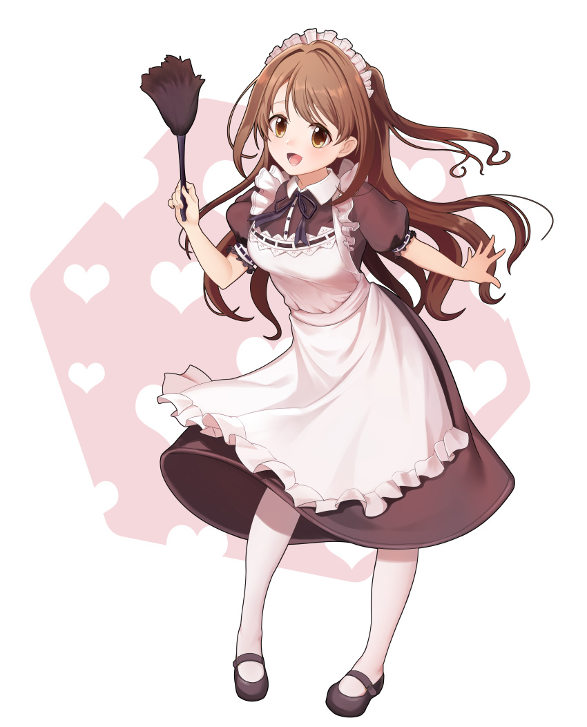 :d absurdres apron bangs blush breasts brown_dress brown_eyes brown_hair dress feather_duster frilled_apron frilled_sleeves frills full_body heart heart_background highres hpb8642 idolmaster idolmaster_cinderella_girls long_hair looking_at_viewer maid maid_headdress mary_janes medium_breasts one_side_up open_mouth pantyhose shimamura_uzuki shoes short_sleeves simple_background smile solo swept_bangs white_apron white_legwear