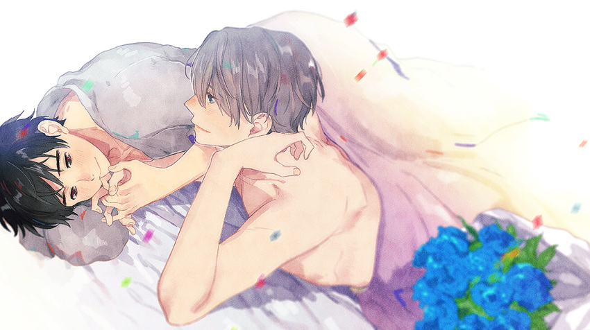 bed bed_sheet black_hair blue_eyes blue_flower blurry blush bouquet brown_eyes confetti covering depth_of_field dutch_angle eyebrows_visible_through_hair fingernails flower hands_together happy interlocked_fingers katsuki_yuuri looking_at_another male_focus multiple_boys nude nude_cover pillow profile shirtless short_hair smile tadano53 viktor_nikiforov white_hair yaoi yuri!!!_on_ice