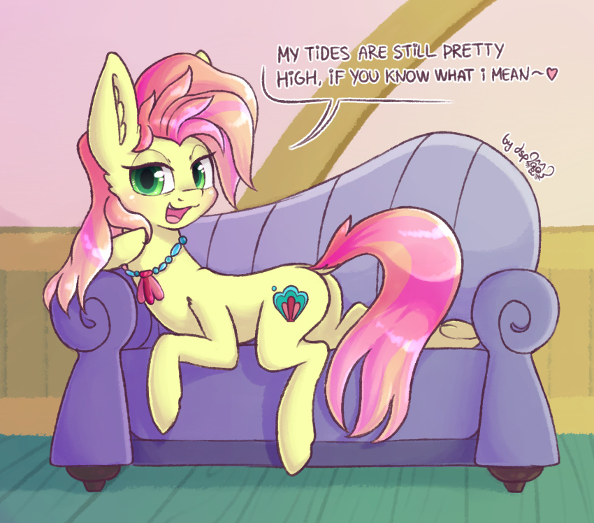 &lt;3 2018 bedroom_eyes blush butt cute cutie_mark dialogue dock dsp2003 earth_pony english_text equine eyelashes female feral friendship_is_magic green_eyes hair half-closed_eyes hi_res hooves horse inner_ear_fluff innuendo inside jewelry long_hair looking_at_viewer lying mammal mature_female my_little_pony necklace nude open_mouth open_smile pink_hair pony portrait sandbar's_mom_(mlp) seashell seductive shell_necklace signature smile sofa solo speech_bubble talking_to_viewer teeth text tongue wood wood_floor