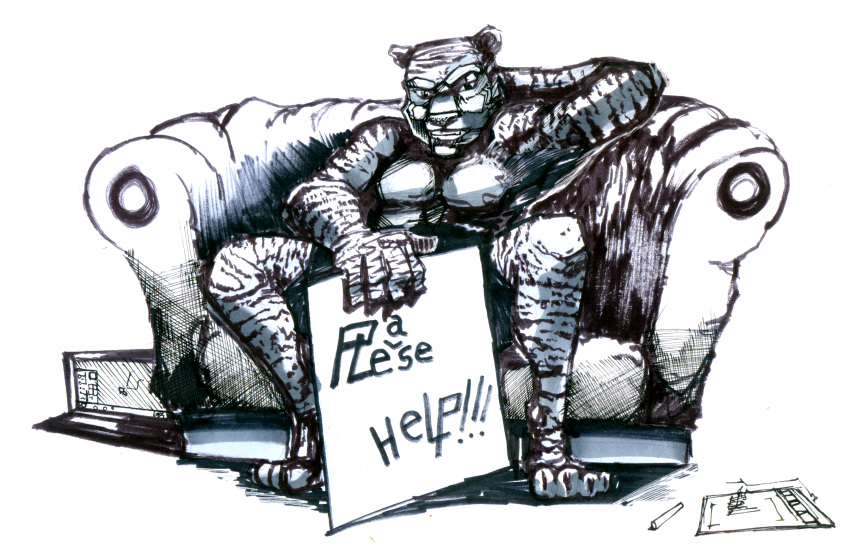 claws computer copymirror english_text eyebrows feline grin hand_behind_head looking_at_viewer male mammal monochrome muscular naughty_face nude pose sign sitting smile sofa solo spread_legs spreading tablet text thick_eyebrows tiger traditional_media_(artwork)