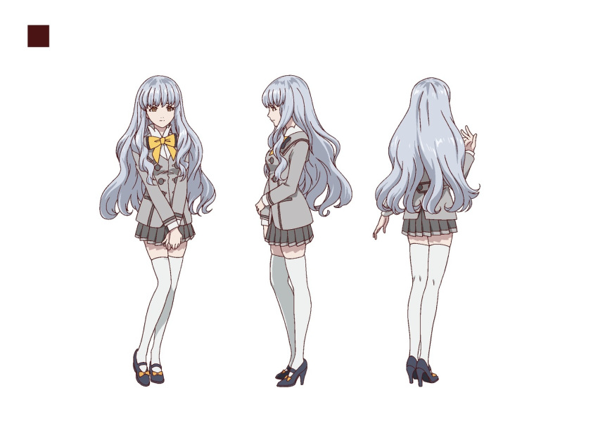 artist_request black_footwear blazer bow bowtie breasts buttons character_profile full_body grey_jacket grey_skirt high_heels jacket mary_janes medium_breasts mia_silverstone official_art pleated_skirt school_uniform shoes silver_hair simple_background skirt smile white_legwear yellow_eyes