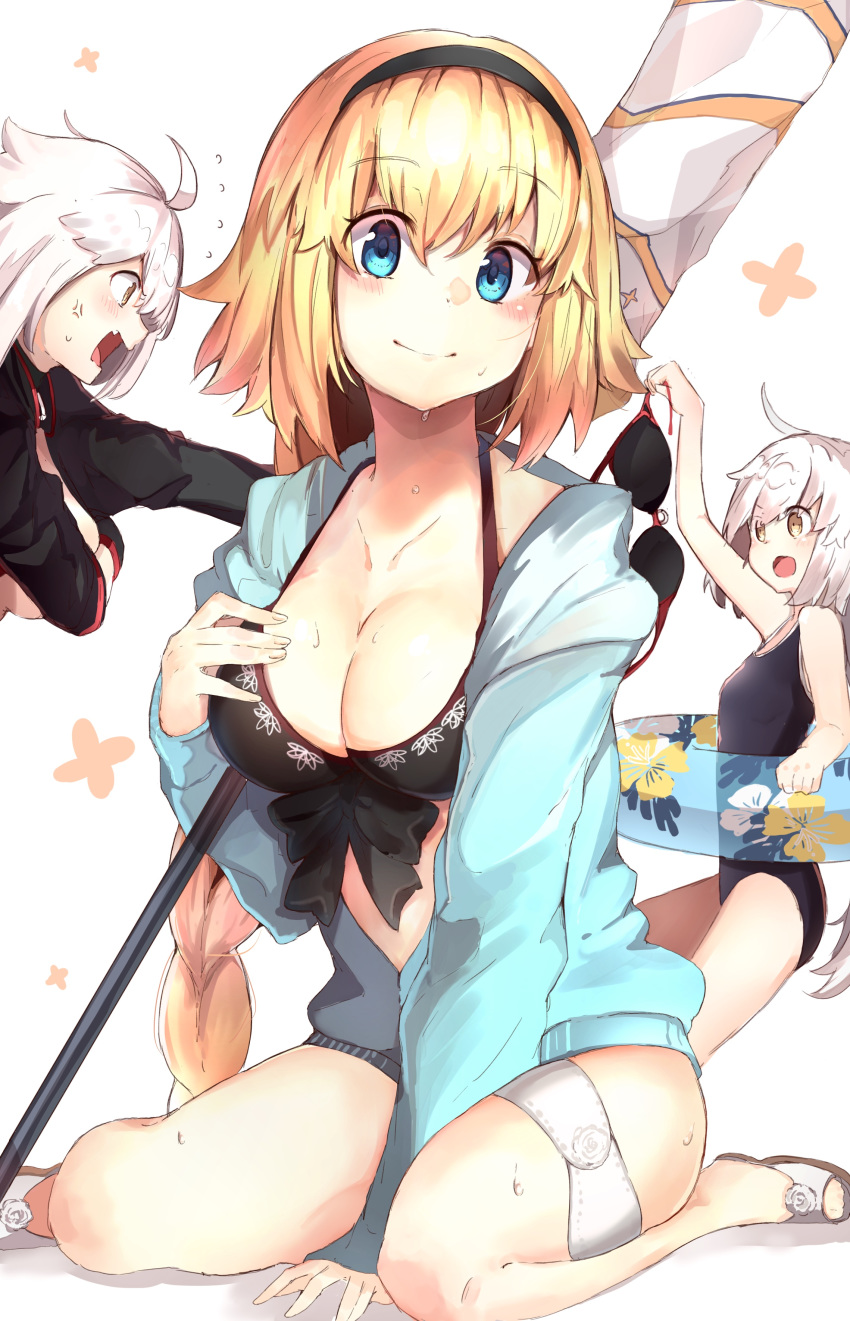 :d absurdres anger_vein bangs bikini bikini_top bikini_top_removed black_bikini black_hairband black_jacket black_swimsuit blonde_hair blue_eyes blue_jacket blush breast_hold breasts brown_eyes cleavage closed_mouth clothes_theft collarbone commentary_request eyebrows_visible_through_hair fate/grand_order fate_(series) flying_sweatdrops hair_between_eyes hairband highres hood hood_down hooded_jacket innertube jacket jeanne_d'arc_(alter_swimsuit_berserker) jeanne_d'arc_(fate)_(all) jeanne_d'arc_(swimsuit_archer) jeanne_d'arc_alter_santa_lily long_hair medium_breasts multiple_girls new_school_swimsuit one-piece_swimsuit open_clothes open_jacket open_mouth profile ranf school_swimsuit silver_hair sitting smile swimsuit swimsuit_theft theft transparent very_long_hair wariza wet white_background