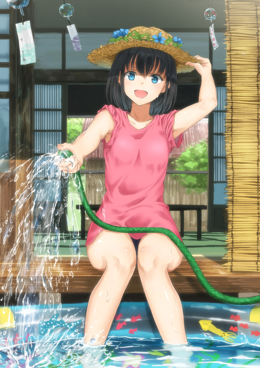 :d adjusting_clothes adjusting_hat armpit_peek blush commentary_request eyebrows_visible_through_hair flower hat hat_flower highres holding_hose hose looking_at_viewer open_mouth original outdoors pink_shirt pool revision shirt sitting sleeves_pushed_up smile soaking_feet solo straw_hat sudare sugi87 wading_pool water water_drop wind_chime