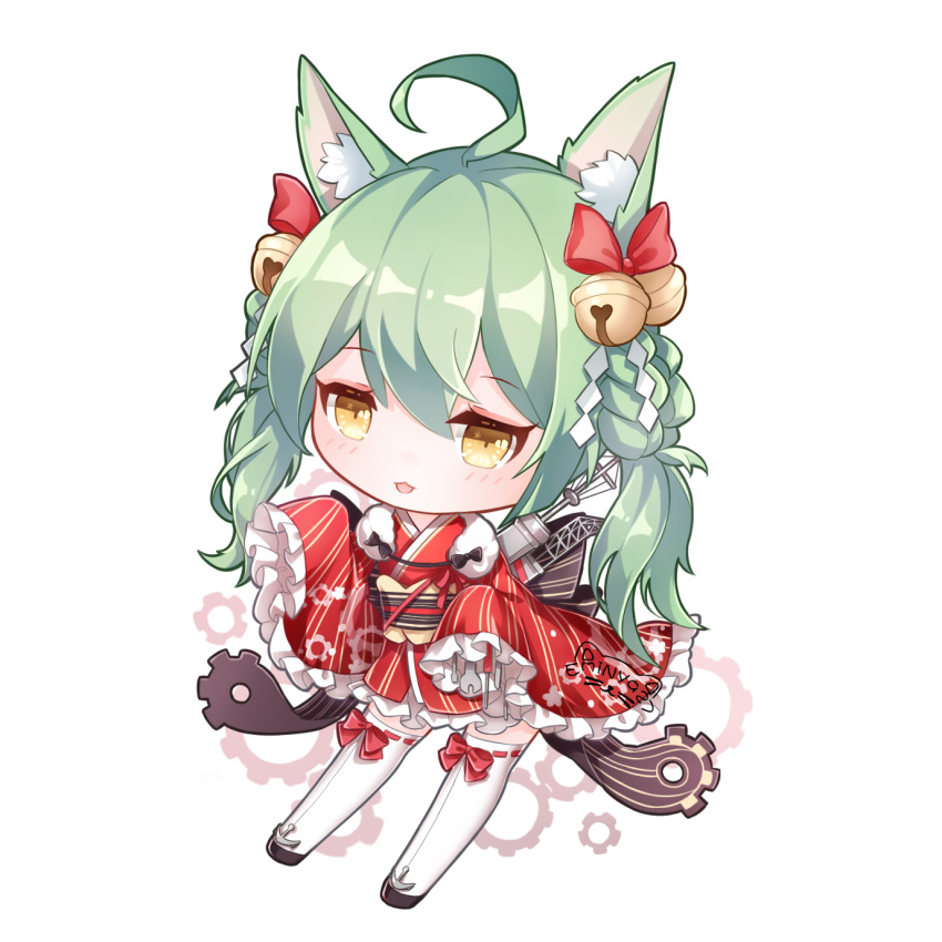 :3 :d ahoge akashi_(azur_lane) animal_ears azur_lane bangs bell blush bow braid brown_eyes cat_ears chibi commentary_request eminya_27 eyebrows_visible_through_hair frilled_sleeves frills gears green_hair hair_bell hair_between_eyes hair_bow hair_ornament hands_up highres japanese_clothes jingle_bell kimono long_hair long_sleeves looking_at_viewer obi open_mouth red_bow red_kimono ribbon-trimmed_legwear ribbon_trim sash screwdriver shide short_kimono signature sleeves_past_fingers sleeves_past_wrists smile solo star star_in_eye striped symbol_in_eye thighhighs vertical-striped_kimono vertical_stripes very_long_hair white_background white_legwear wide_sleeves wrench