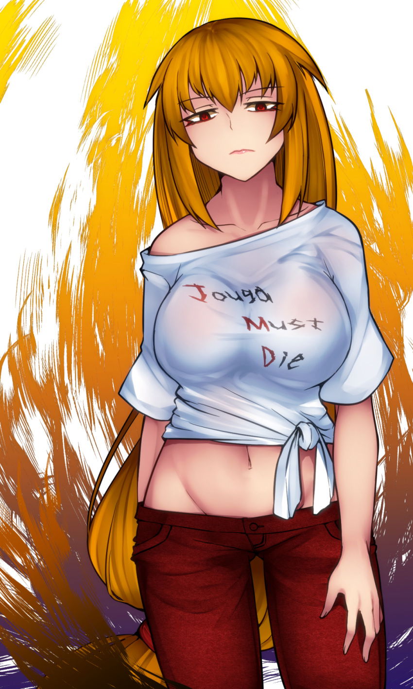 alternate_costume aoshima arm_behind_back ass_visible_through_thighs aura bangs bare_shoulders breasts casual clothes_writing collarbone commentary_request contemporary cowboy_shot crop_top english eyebrows_visible_through_hair eyeshadow groin hair_between_eyes highres junko_(touhou) large_breasts lipstick long_hair looking_at_viewer low-tied_long_hair makeup mature midriff navel no_headwear off-shoulder_shirt off_shoulder orange_hair pants pink_lips pink_lipstick pocket red_eyes red_pants shirt short_sleeves sidelocks simple_background solo standing stomach tied_shirt touhou very_long_hair white_background white_shirt