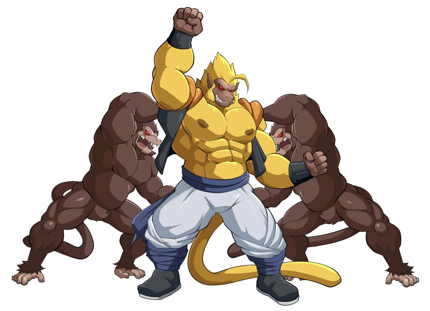 anthro big_muscles brown_fur clothed clothing dragon_ball dragon_ball_z featureless_crotch fur group hi_res maldu male mammal muscular muscular_male nude oozaru primate red_eyes simple_background white_background