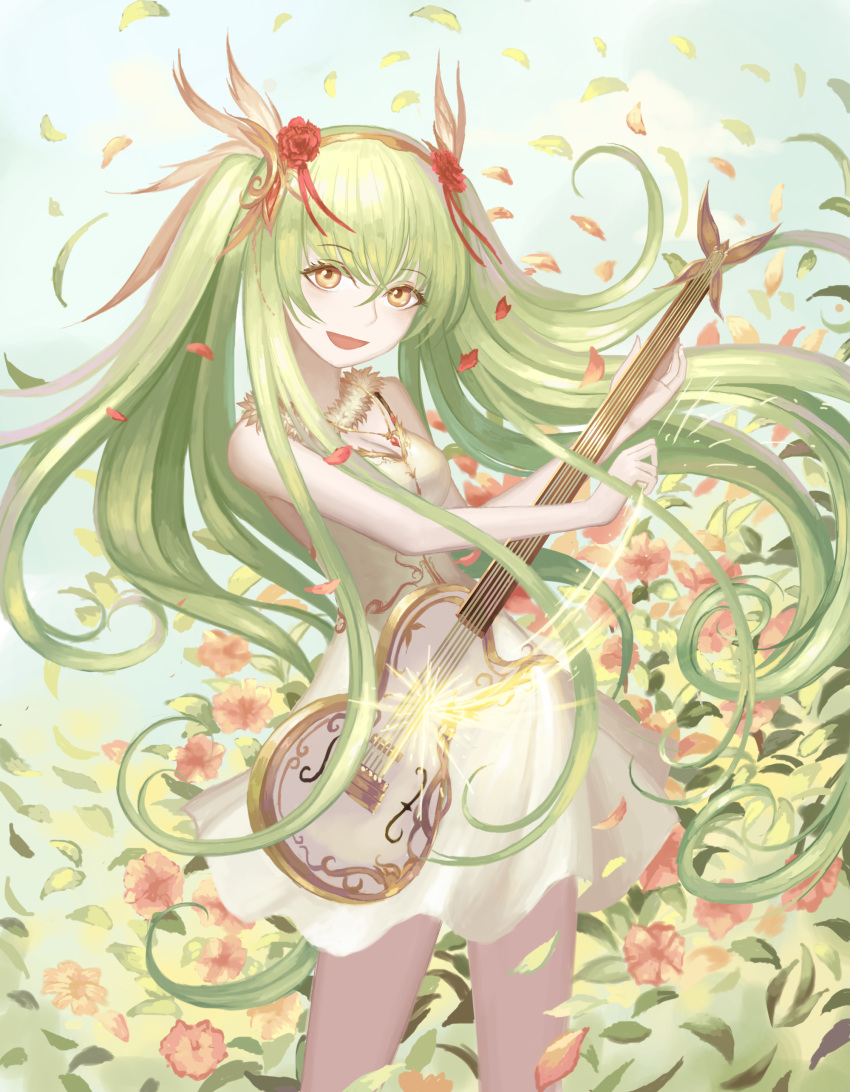 :d absurdres blue_sky breasts cleavage day flower fur_collar green_hair guitar hair_between_eyes hair_flower hair_ornament highres instrument jewelry leaf medium_breasts motion_lines music necklace open_mouth original outdoors petals playing_instrument rinmmo skirt sky smile standing twintails white_skirt yellow_eyes