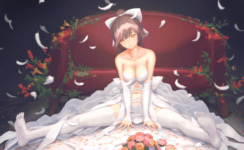 alternate_costume azur_lane bangs black_hair blush bouquet bow breasts brown_eyes cleavage closed_mouth collarbone commentary_request couch detached_sleeves dress feathers flower hair_bow head_tilt highres large_breasts long_hair looking_at_viewer md5_mismatch navel no_shoes on_floor pandarou ponytail sitting smile solo spread_legs stomach strapless strapless_dress takao_(azur_lane) thighhighs very_long_hair wedding_dress white_bow white_legwear