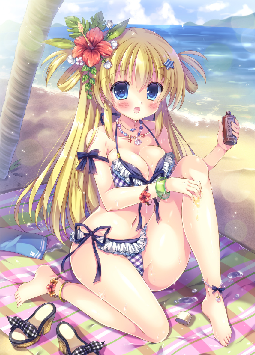 :d absurdres bad_id bad_pixiv_id bangs bare_shoulders barefoot beach beach_towel bikini blonde_hair blue_bow blue_eyes blue_sky blush bottle bow breasts cleavage cloud cloudy_sky collarbone commentary_request day eyebrows_visible_through_hair fingernails flower hair_between_eyes hair_flower hair_ornament hairclip highres holding holding_bottle horizon kouta. large_breasts long_hair looking_at_viewer lotion mountain ocean open_mouth original outdoors palm_tree plaid plaid_bikini purple_bikini red_flower sand sandals shoes_removed side-tie_bikini sidelocks sitting sky smile solo star star_hair_ornament summer sunscreen swimsuit towel transparent tree very_long_hair water white_flower