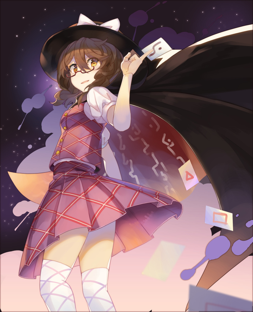 absurdres black_cape black_hat bow breasts brown_hair cape card card_between_fingers commentary_request eyebrows_visible_through_hair fedora feet_out_of_frame from_below hair_between_eyes hat hat_bow high_collar highres holding holding_card looking_at_viewer low_twintails open_mouth pleated_skirt puffy_short_sleeves puffy_sleeves purple_skirt purple_vest revision rin_falcon shirt short_hair short_sleeves skirt small_breasts smile solo standing star_(sky) thighhighs thighs touhou twintails usami_sumireko vest white_bow white_legwear white_shirt yellow_eyes