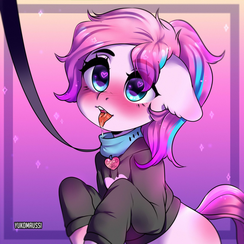 &lt;3 &lt;3_eyes 2018 blue_eyes blush bottomless clothed clothing collar cute drooling earth_pony english_text equine eyebrows eyelashes fan_character female feral floppy_ears gradient_background hair hoodie hooves horse leash mammal my_little_pony open_mouth panda_shade pet_tag petplay pony portrait purple_background purple_hair roleplay saliva simple_background solo sparkles teeth text tongue tongue_out yukomaussi