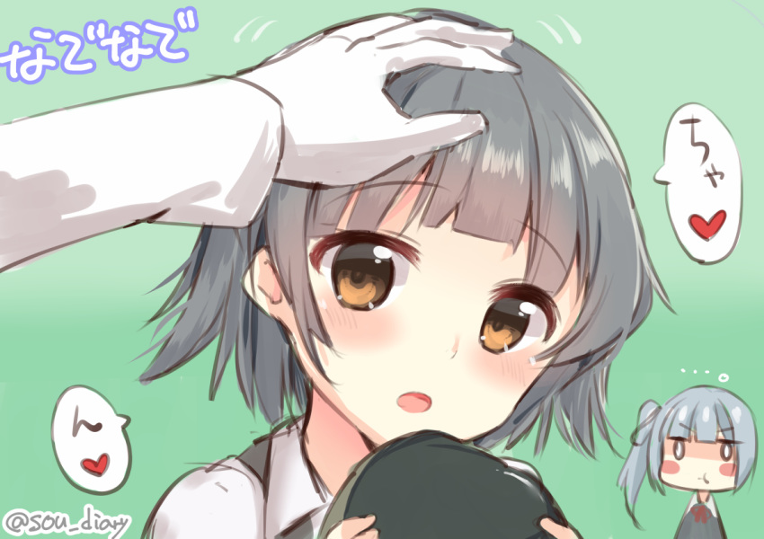 2girls :t admiral_(kantai_collection) arare_(kantai_collection) black_ribbon blush blush_stickers brown_eyes commentary_request eyebrows_visible_through_hair gloves grey_hair hair_ribbon hat hat_removed headwear_removed heart holding holding_hat kantai_collection kasumi_(kantai_collection) long_hair long_sleeves multiple_girls open_mouth petting pout remodel_(kantai_collection) ribbon shaded_face short_hair side_ponytail simple_background sou_(soutennkouchi) speech_bubble translation_request white_background white_gloves