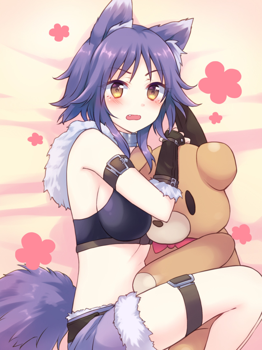 aki_makoto animal_ears bed_sheet black_shirt blush breasts brown_eyes brown_gloves commentary_request elbow_gloves fang fingerless_gloves fur-trimmed_shorts fur_trim gloves gucchiann highres large_breasts long_hair lying object_hug on_side open_mouth princess_connect! princess_connect!_re:dive purple_hair purple_shorts shirt short_shorts shorts sidelocks solo stuffed_animal stuffed_toy tail teddy_bear wolf_ears wolf_girl wolf_tail